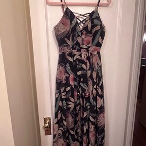 Black Floral Maxi Dress/Shorts with Crisscross Front